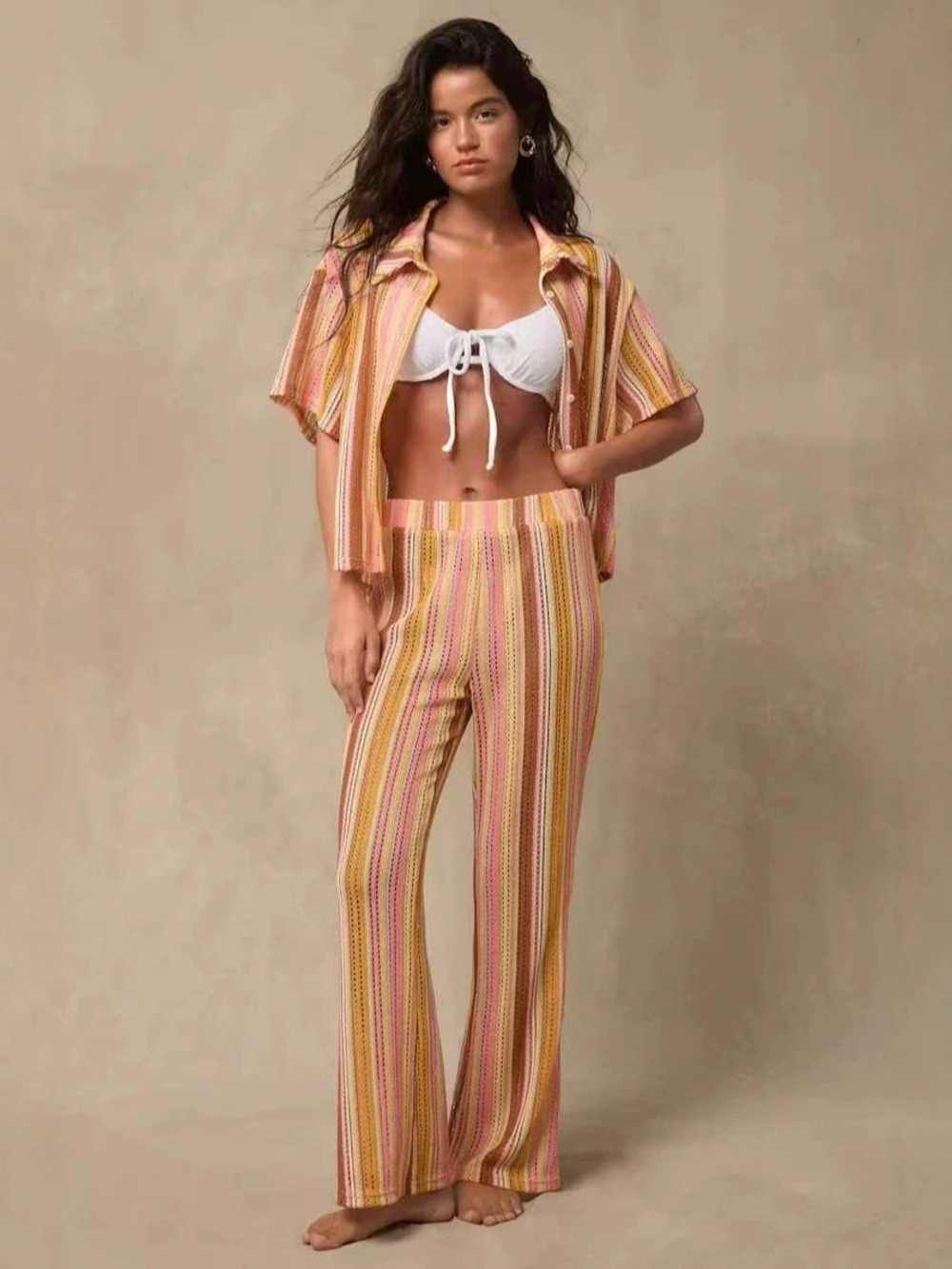 Zara Striped Wide Leg Pants Set Summer High Waist